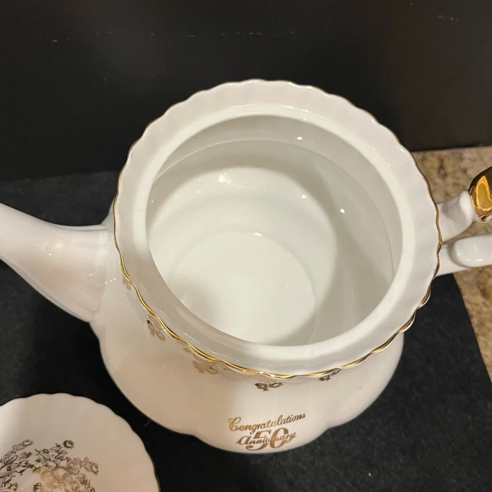 Vintage Royal Albert 50th Anniversary Elegant White and Gold Teapot, England